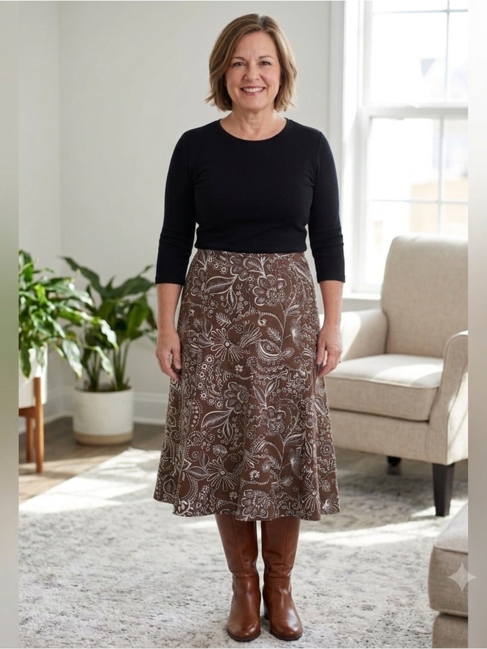 Rafaella Linen Brown Patterned Skirt A-line floral, Side Zipper 12 petite